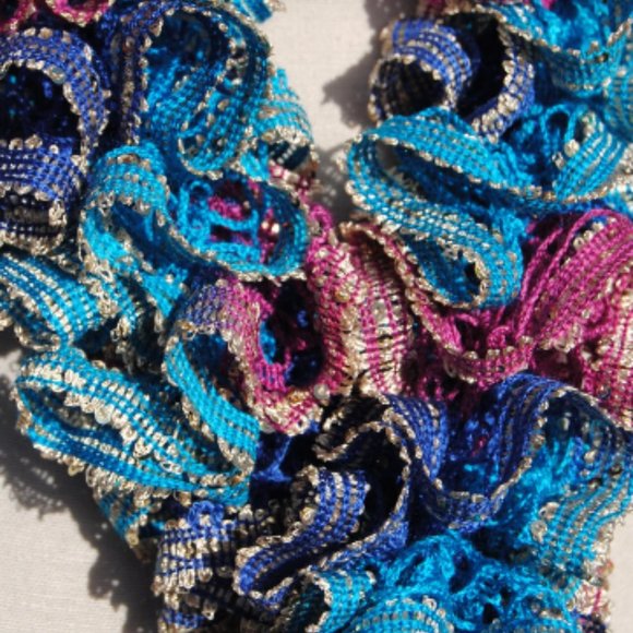 Crochet Fuchsia, Navy, and Teal Ruffle Scarf/New - Picture 3 of 3